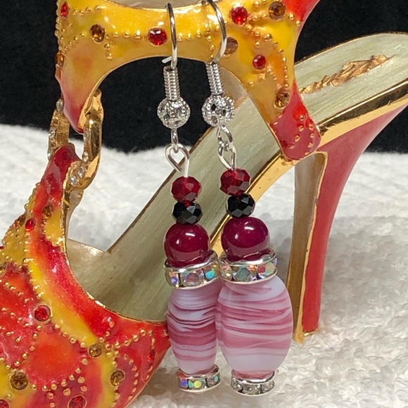 Glass and pink agate earrings in silver accents, burgundy hues - Picture 2 of 9